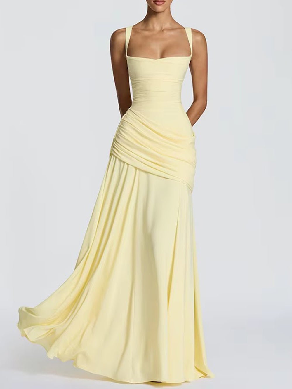 Vivienne Ruched Square Neck Maxi Dress - Fashion Pov