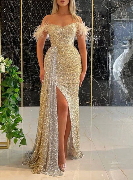 Amira Off Shoulder Feather Backless Maxi Dress - Fashion Pov