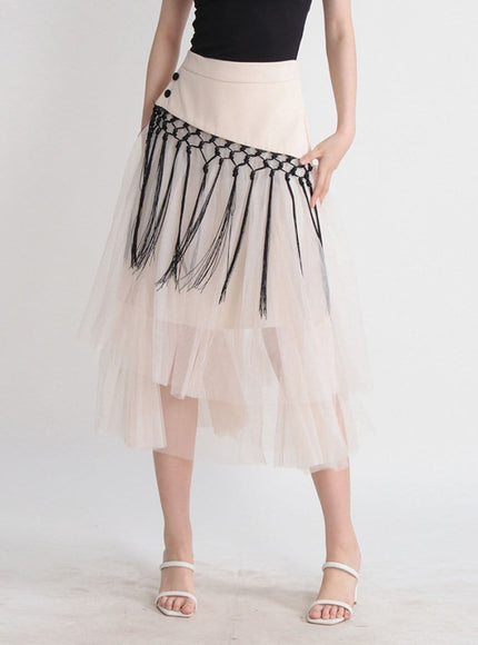 Gianna Tassel Mesh Midi Skirt - Fashion Pov