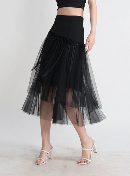 Gianna Tassel Mesh Midi Skirt - Fashion Pov