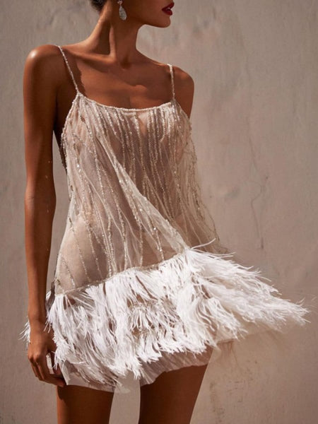 New Years Mini Dress Sexy Solid Tassel Mesh U Neck Sling Dress Dresses(White/S) New Years Mini Dress Sexy Solid Tassel Mesh U Neck Sling Dress Dresses(White/S)