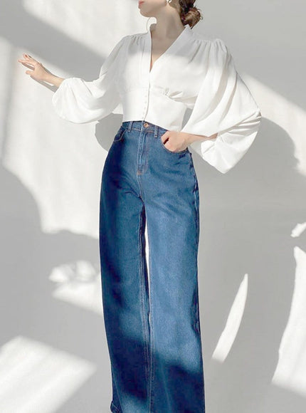Rio V Neck Lantern Sleeve Top - Fashion Pov