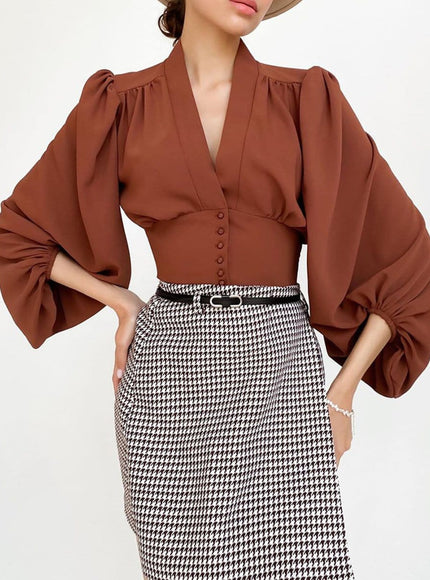Rio V Neck Lantern Sleeve Top - Fashion Pov