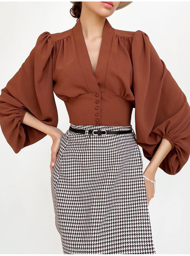 Rio V Neck Lantern Sleeve Top - Fashion Pov