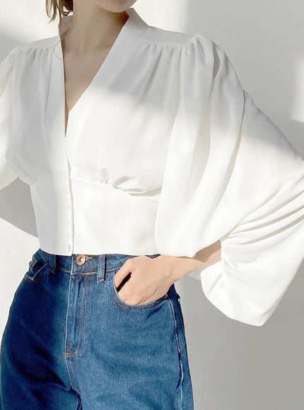 Rio V Neck Lantern Sleeve Top - Fashion Pov