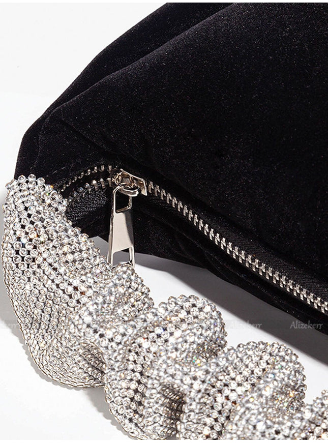 Skylar Rhinestone Fold Handle Velvet Handbag - Fashion Pov