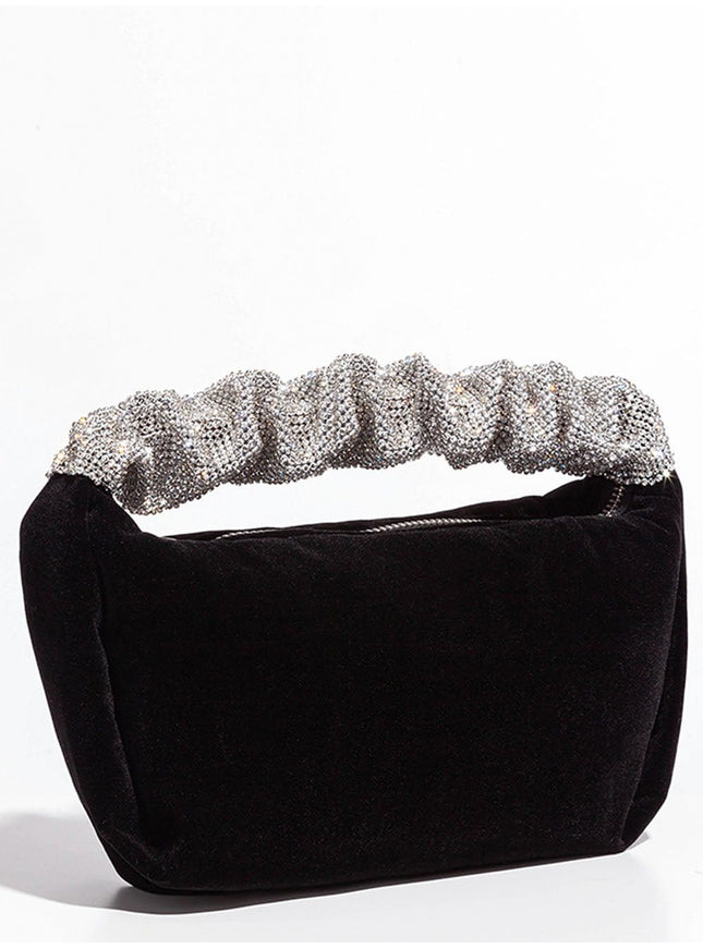 Skylar Rhinestone Fold Handle Velvet Handbag - Fashion Pov