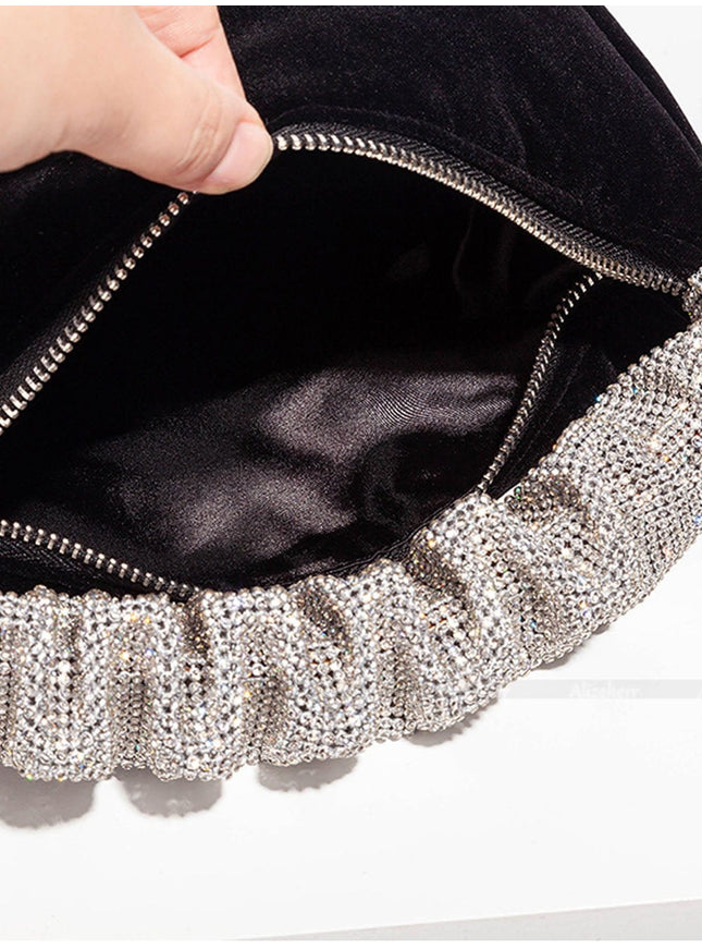 Skylar Rhinestone Fold Handle Velvet Handbag - Fashion Pov