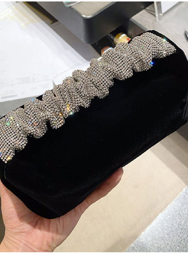 Skylar Rhinestone Fold Handle Velvet Handbag - Fashion Pov
