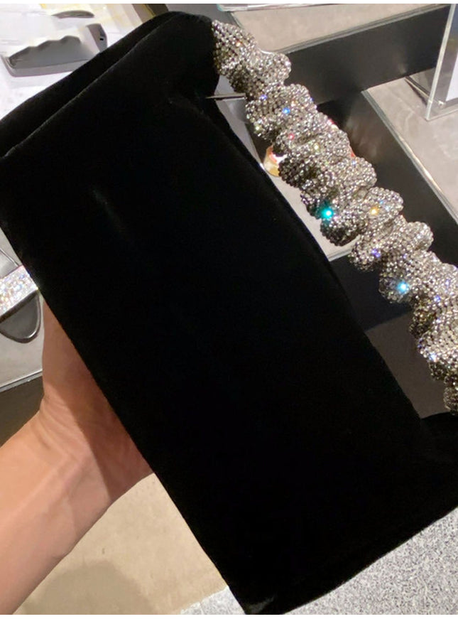 Skylar Rhinestone Fold Handle Velvet Handbag - Fashion Pov