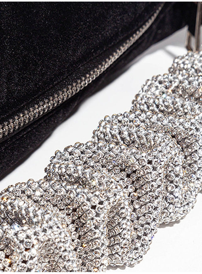 Skylar Rhinestone Fold Handle Velvet Handbag - Fashion Pov