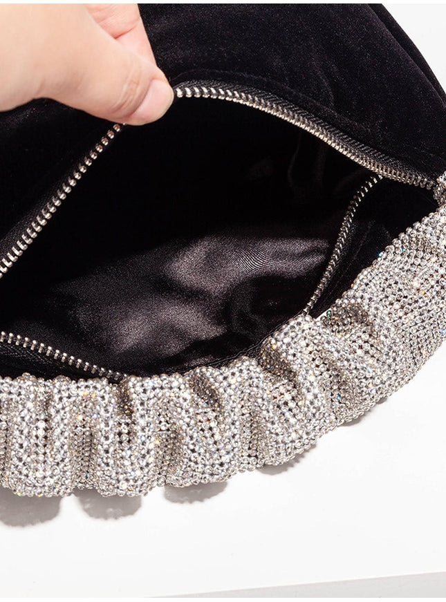 Skylar Rhinestone Fold Handle Velvet Handbag - Fashion Pov