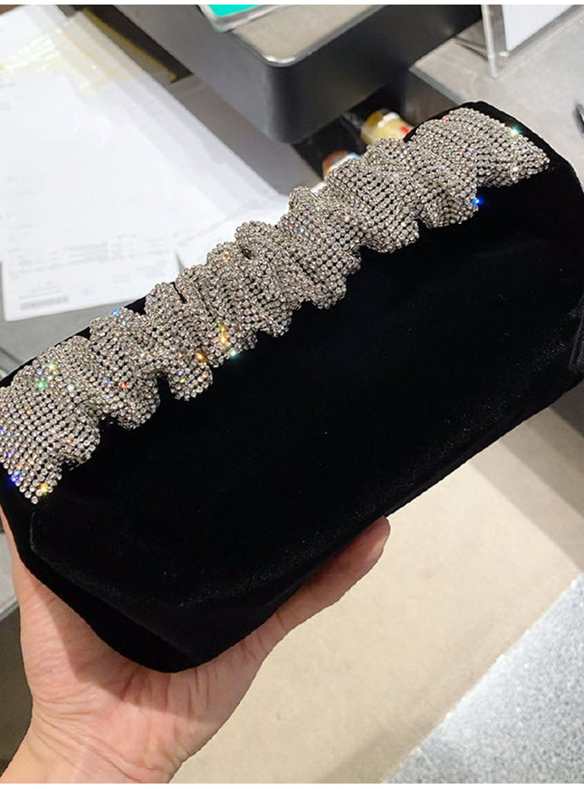 Skylar Rhinestone Fold Handle Velvet Handbag - Fashion Pov