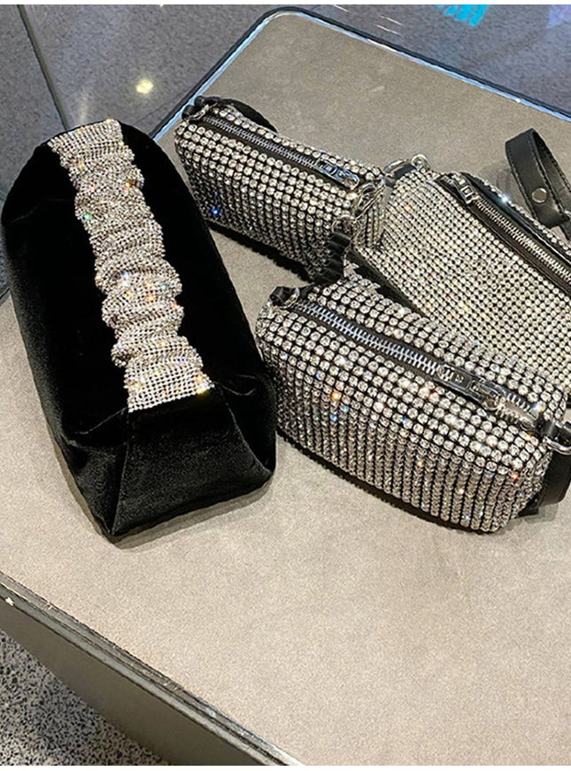 Skylar Rhinestone Fold Handle Velvet Handbag - Fashion Pov