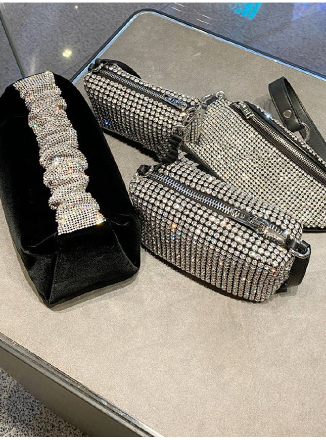 Skylar Rhinestone Fold Handle Velvet Handbag - Fashion Pov