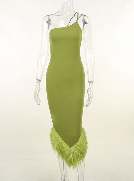 Sonia One Shoulder Feather Midi Dress - Fashion Pov