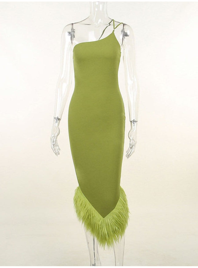 Sonia One Shoulder Feather Midi Dress - Fashion Pov
