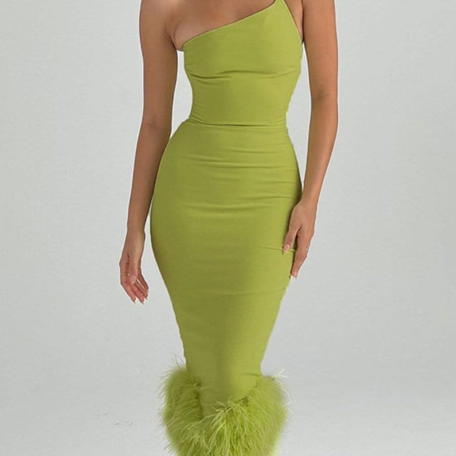 Sonia One Shoulder Feather Midi Dress - Fashion Pov