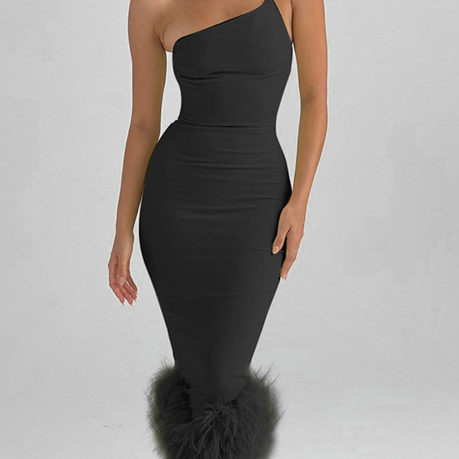 Sonia One Shoulder Feather Midi Dress - Fashion Pov