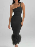 Sonia One Shoulder Feather Midi Dress - Fashion Pov